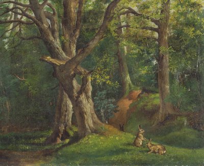 Boslandschap met konijnen door Hubert von Herkomer